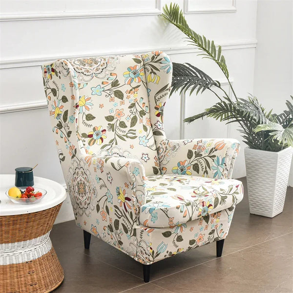 Floral Print Stretch Spandex Wing Chair Cover with Seat Cushion Cover Nordic Elastic Armchair Cover