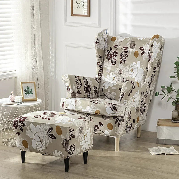 Floral Wing Chair Covers Stretch Spandex King Back Armchair Covers Non Slip Relax Sofa Slipcovers with Seat Cushion Covers