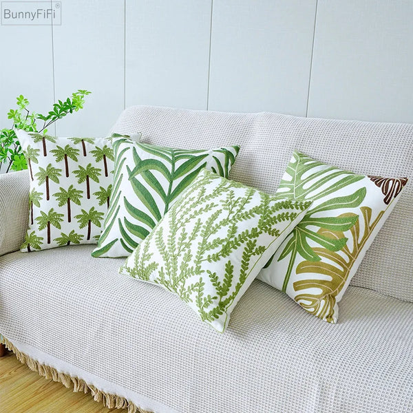 Sofa Cushions Green Leaves Cushion Embroidered Cotton 45x45cm Home Decoration Pillow Sunflower Living Room Bedroom