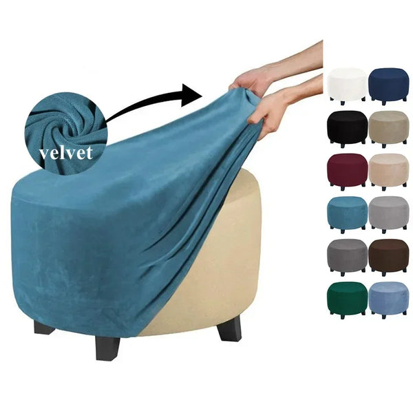 Velvet Ottoman Stool Cover Stretch Round Footstool Cover Super Soft All-inclusive Pouf Stool Seat Slipcover Living Room Bedroom