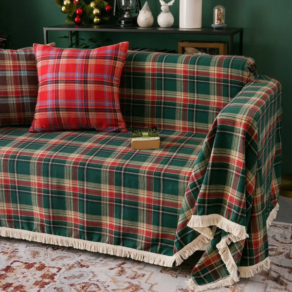 Christmas Sofa Cover Towel Vintage Christmas Decorate Red Green Plaid Multifunctional Tassel Cover Towel 3 Seater Sofa Cushion