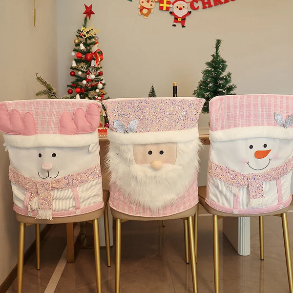 Pink Christmas Chair Cover, Dust Cover For Home Party Dining Chair With Cartoon Image, Christmas Party Decorations