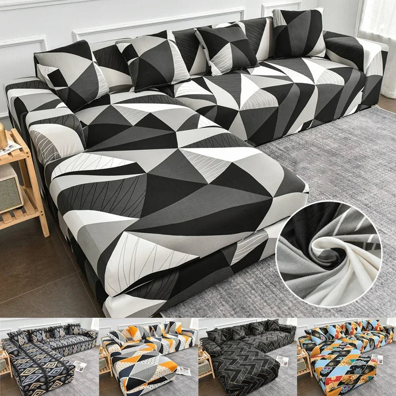 Monogrammed geometric-pattern sofa cover on a modern Irish couch