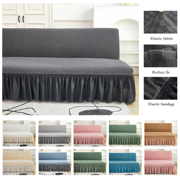 Velvet Jacquard Flower Grid All Without Armless Sofa Bed Cover with Skirt Slipcover Fitted Couch Cover Washable Elastic Fabric