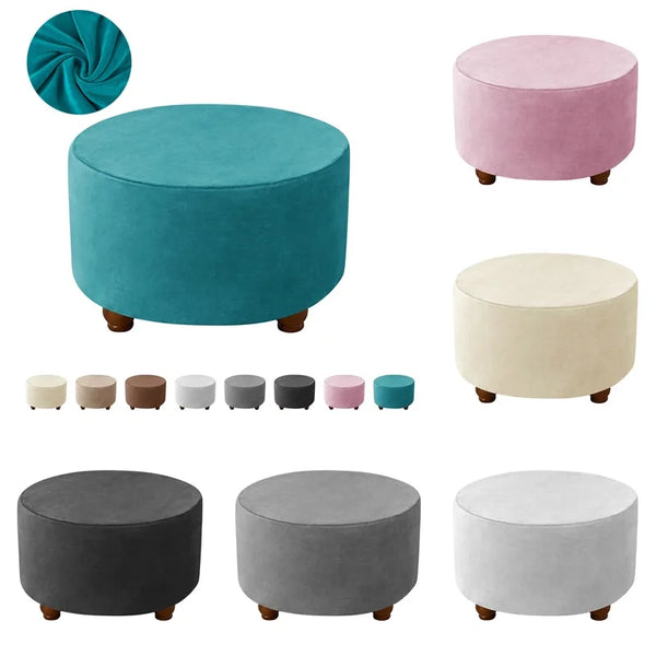 Velvet Round Ottoman Stool Covers Elastic Sofa Footrest Cover Washable All-inclusive Footstool Seat Slipcover Furniture Protector